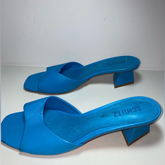 SCHUTZ Liza Lo Leather Azure Women's Vibrant Blue Heeled Slides - Picture 5 of 9